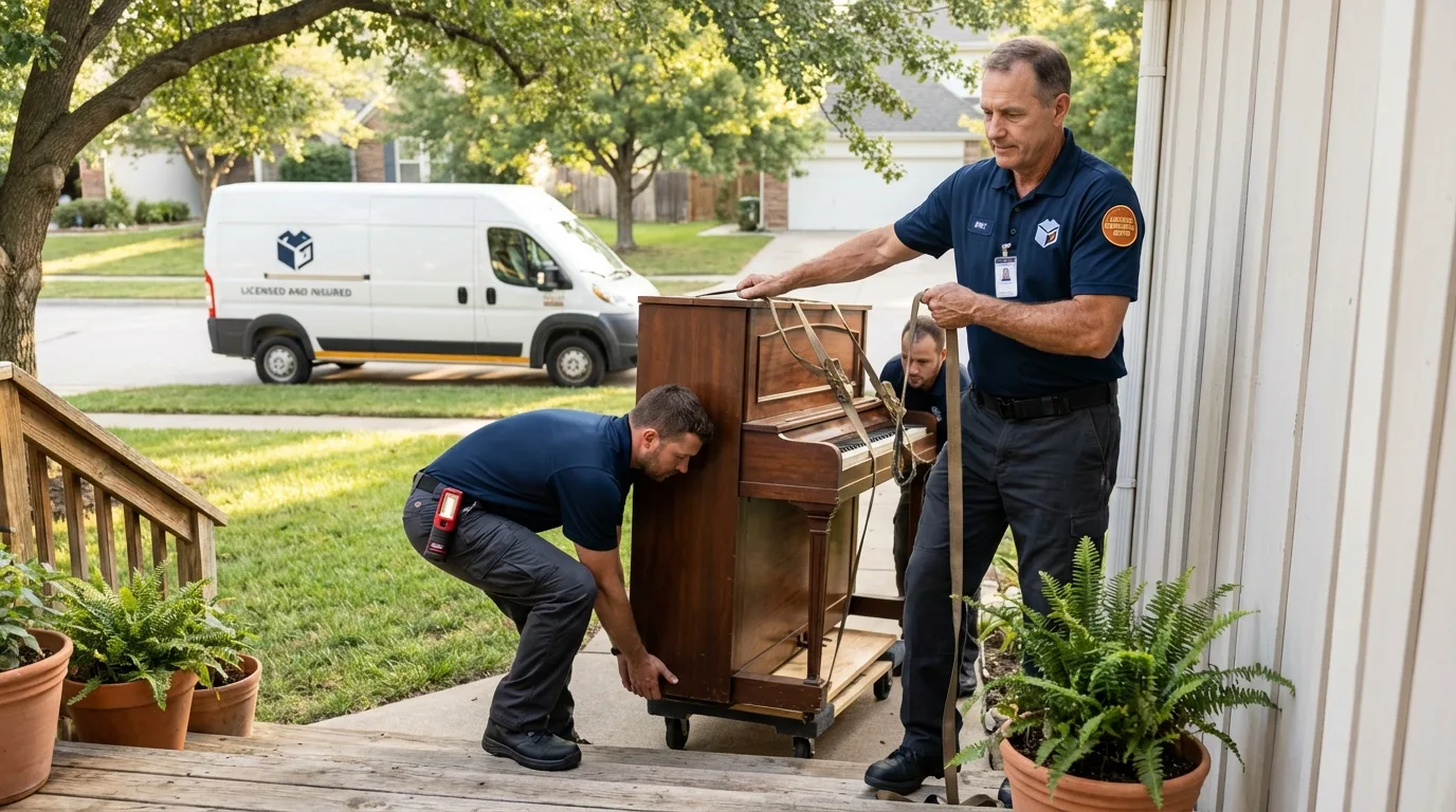 Licensed piano movers securing grand piano in Wayne, PA