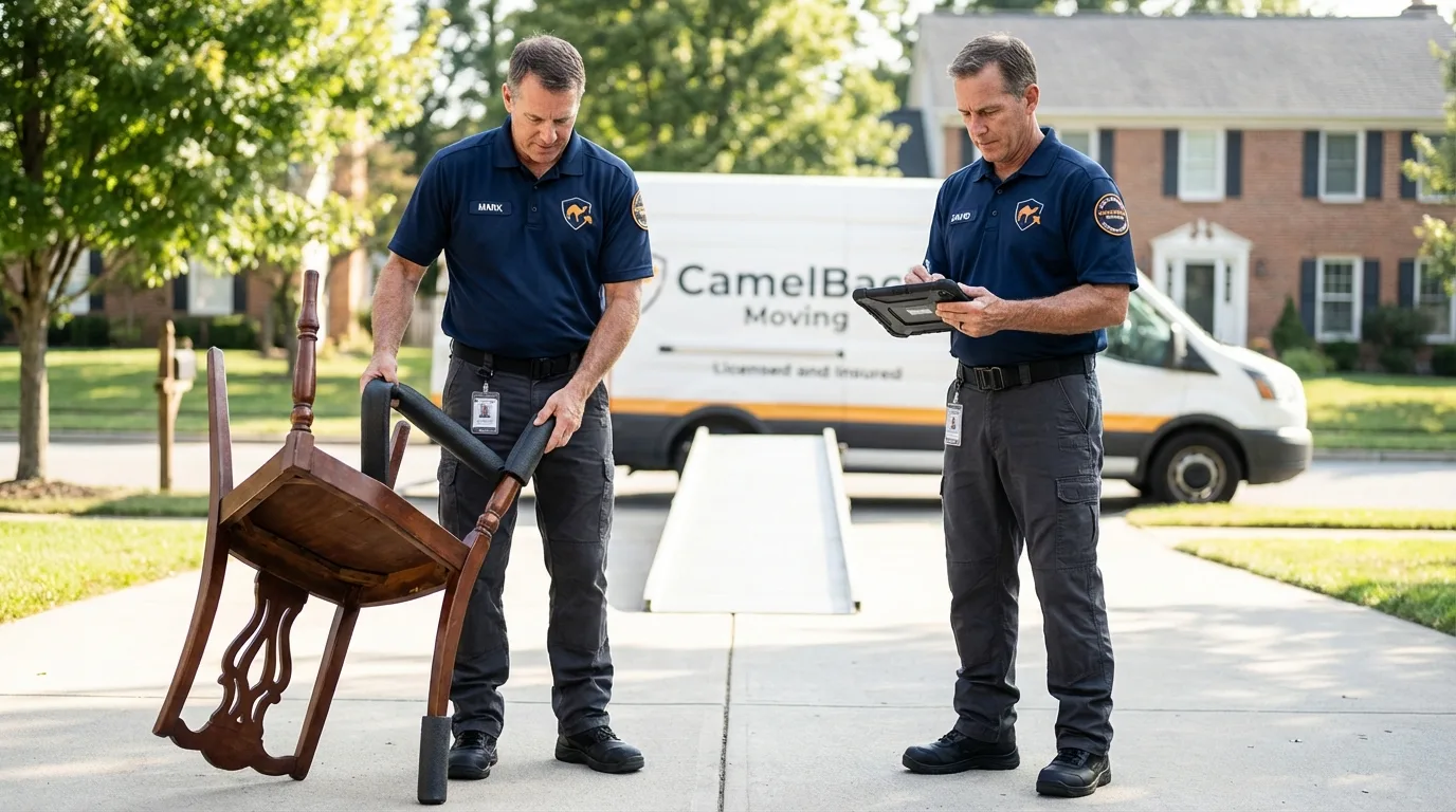 Movers inspecting furniture for damage prevention before loading in Wayne, PA